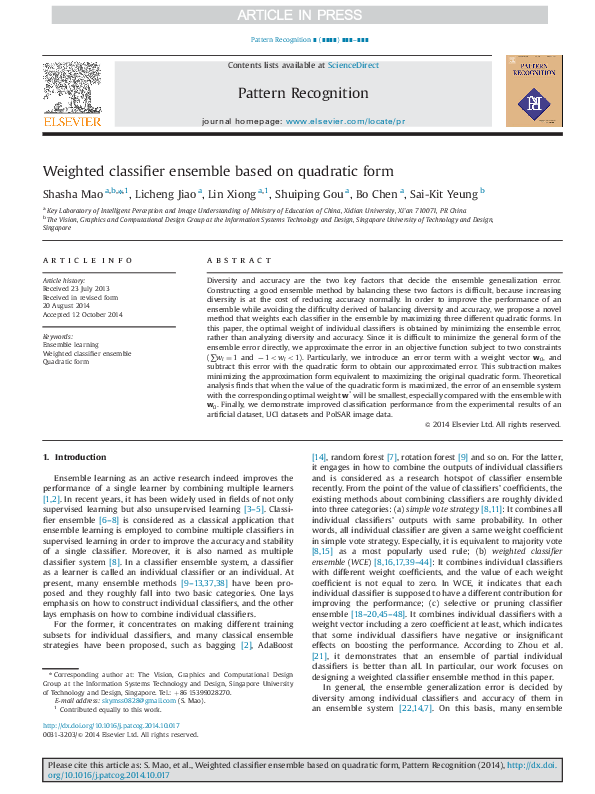(PDF) Weighted classifier ensemble based on quadratic form