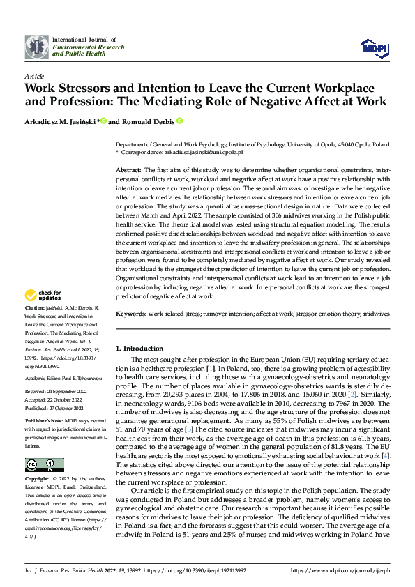 (PDF) Work Stressors and Intention to Leave the Current Workplace and ...