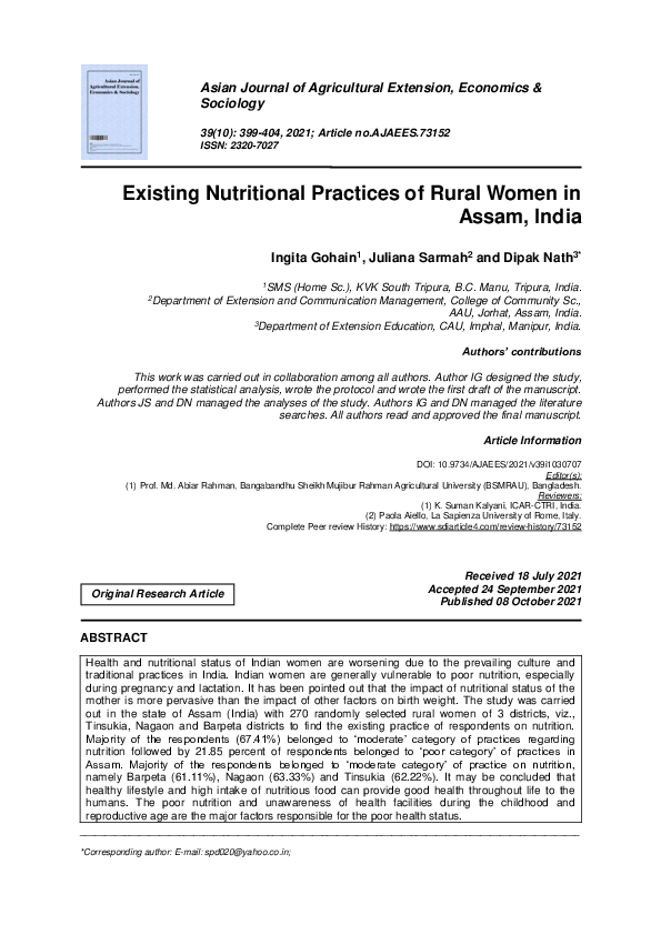 (PDF) Existing Nutritional Practices of Rural Women in Assam, India
