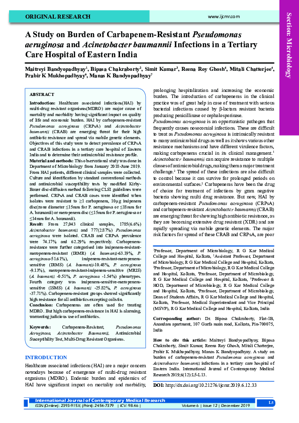 (PDF) A Study on Burden of Carbapenem-Resistant Pseudomonas aeruginosa ...