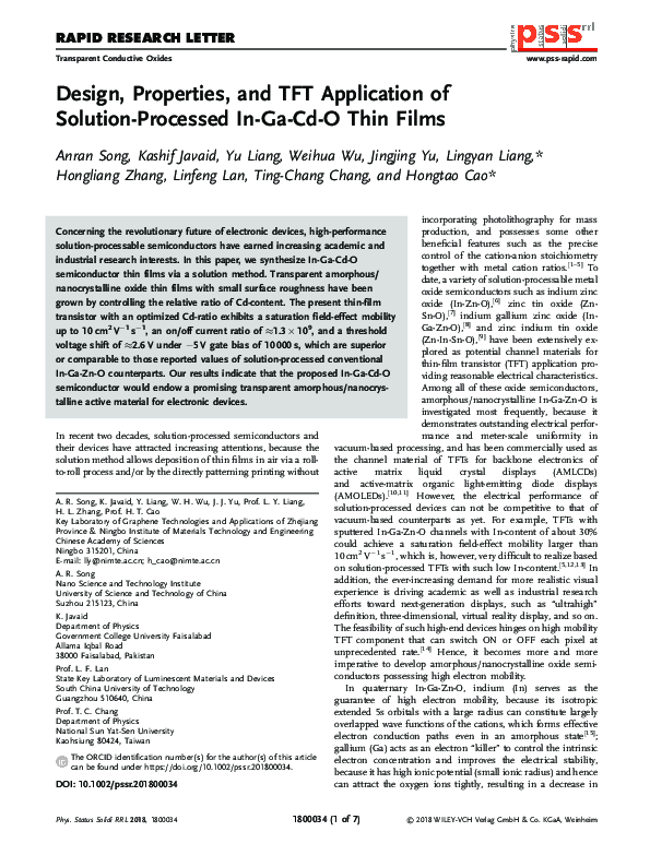 (PDF) Design, Properties, and TFT Application of Solution-Processed In ...