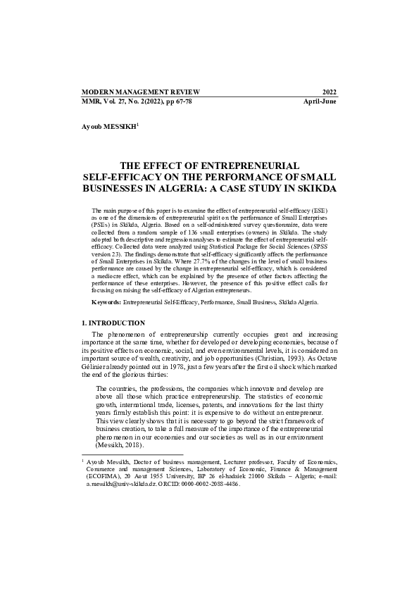 (PDF) The Effect of Entrepreneurial Self-Efficacy on the Performance of ...