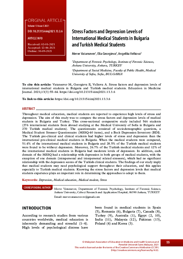 (PDF) Stress Factors and Depression Levels of International Medical ...