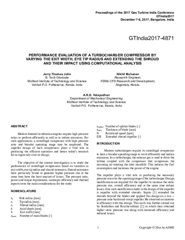 (PDF) Performance Evaluation of a Turbocharger Compressor by Varying ...