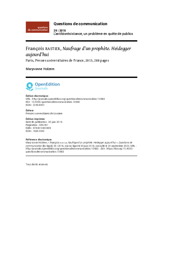 (PDF) François Rastier, Naufrage d’un prophète. Heidegger aujourd’hui