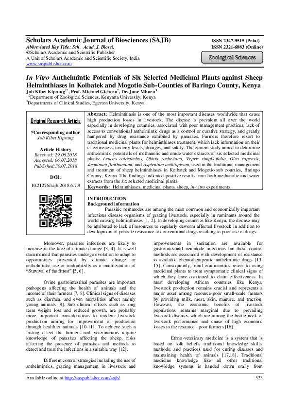 (PDF) In Vitro Anthelmintic Potentials of Six Selected Medicinal Plants ...