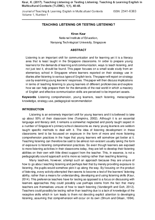 (PDF) TEACHING LISTENING OR TESTING LISTENING