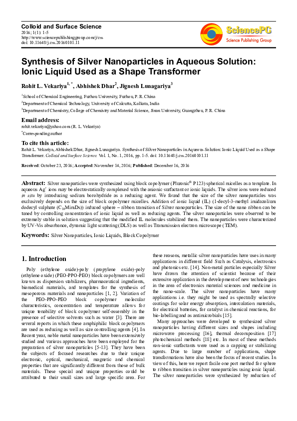 (PDF) Direct synthesis of silver nanoparticles in ionic liquid