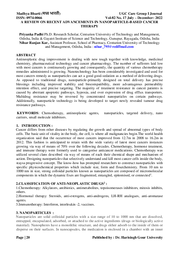 (PDF) A REVIEW ON RECENT ADVANCEMENTS IN NANOPARTICLE-BASED CANCER THERAPY