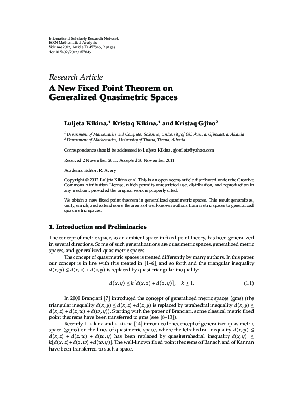 (PDF) A New Fixed Point Theorem on Generalized Quasimetric Spaces ...