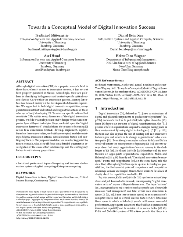 (PDF) Towards a Conceptual Model of Digital Innovation Success