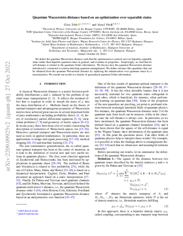 (PDF) Quantum Wasserstein distance based on an optimization over ...