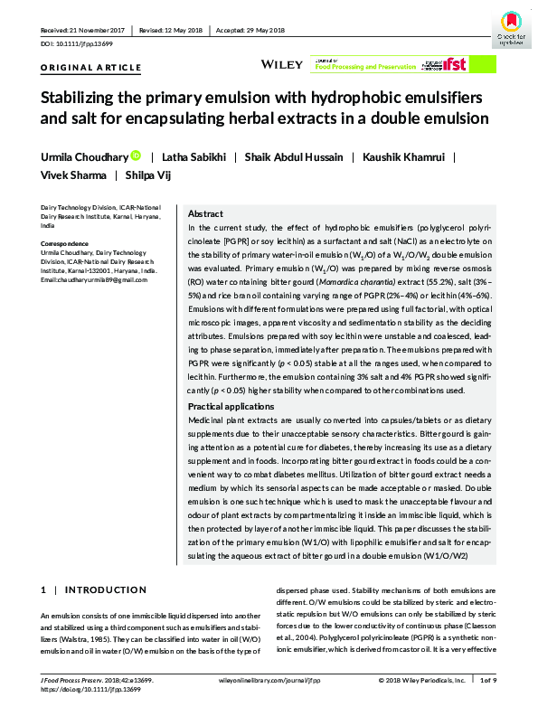 (PDF) Stabilizing the primary emulsion with hydrophobic emulsifiers and ...
