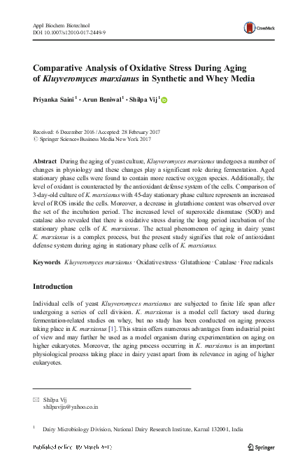 (PDF) Comparative Analysis of Oxidative Stress During Aging of ...