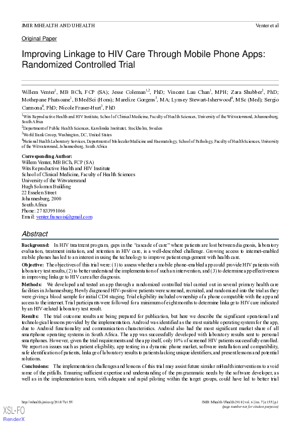 (PDF) Improving Linkage to HIV Care Through Mobile Phone Apps ...