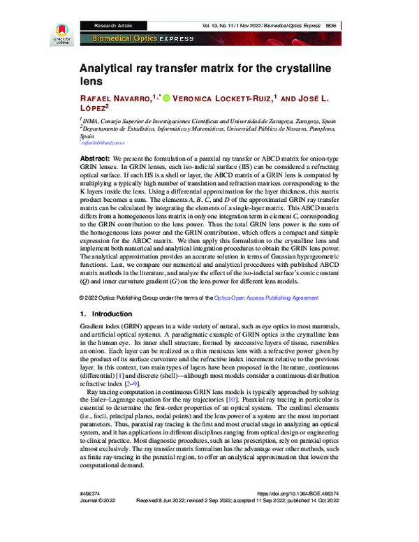 (PDF) Analytical ray transfer matrix for the crystalline lens