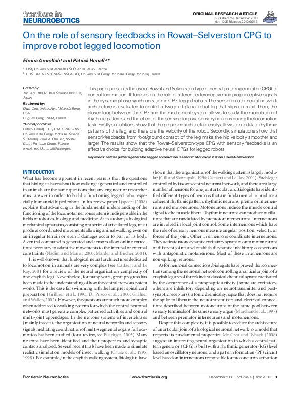(PDF) On the Role of Sensory Feedbacks in Rowat–Selverston CPG to ...