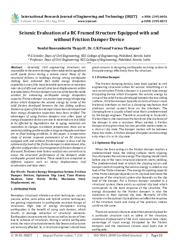 (PDF) Seismic Evaluation of a RC Framed Structure Equipped with and ...