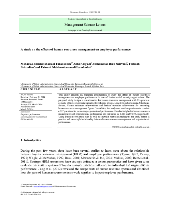 (PDF) A study on the effects of human resources management on employee ...