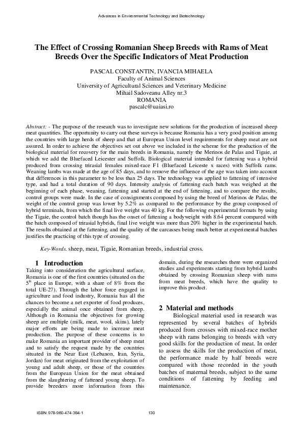 (PDF) The Effect of Crossing Romanian Sheep Breeds with Rams of Meat ...