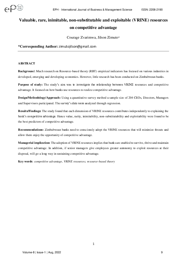 (PDF) Valuable, Rare, Inimitable, Non-Substitutable and Exploitable ...