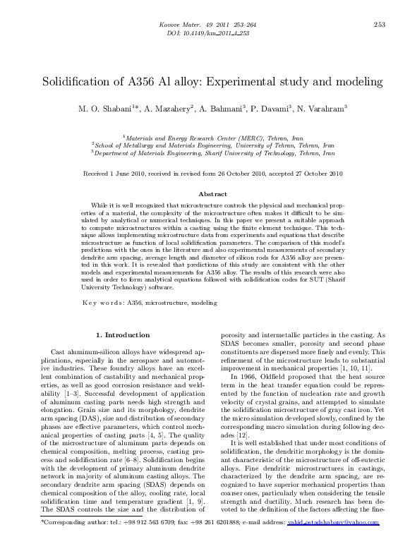 (PDF) Solidification of A356 Al alloy: Experimental study and modeling