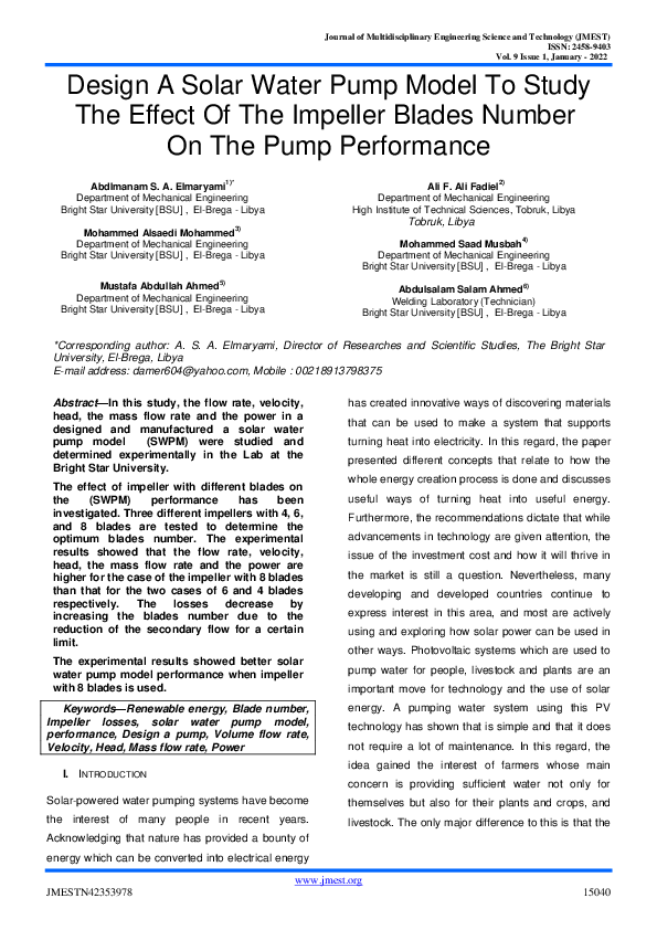 (PDF) Design A Solar Water Pump Model To Study The Effect Of The ...