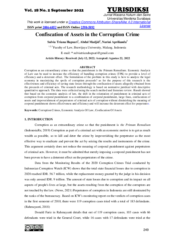 (PDF) Confiscation of Assets in the Corruption Crime