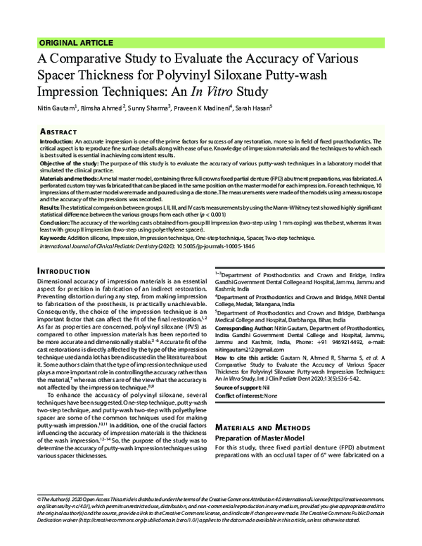 (PDF) Comparison of Linear Dimensional Accuracy Between One Step and Twostep Impression