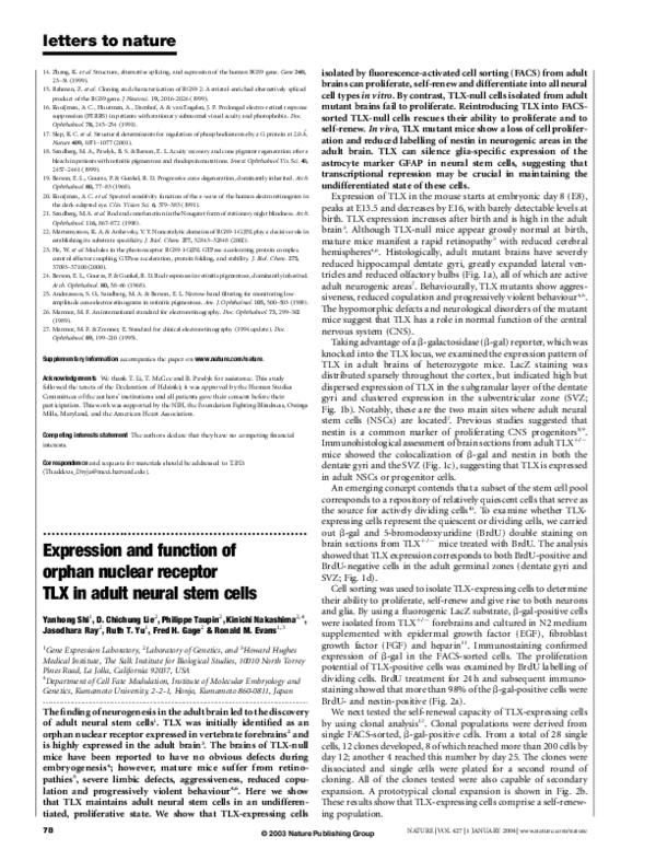(PDF) Expression and function of orphan nuclear receptor TLX in adult ...