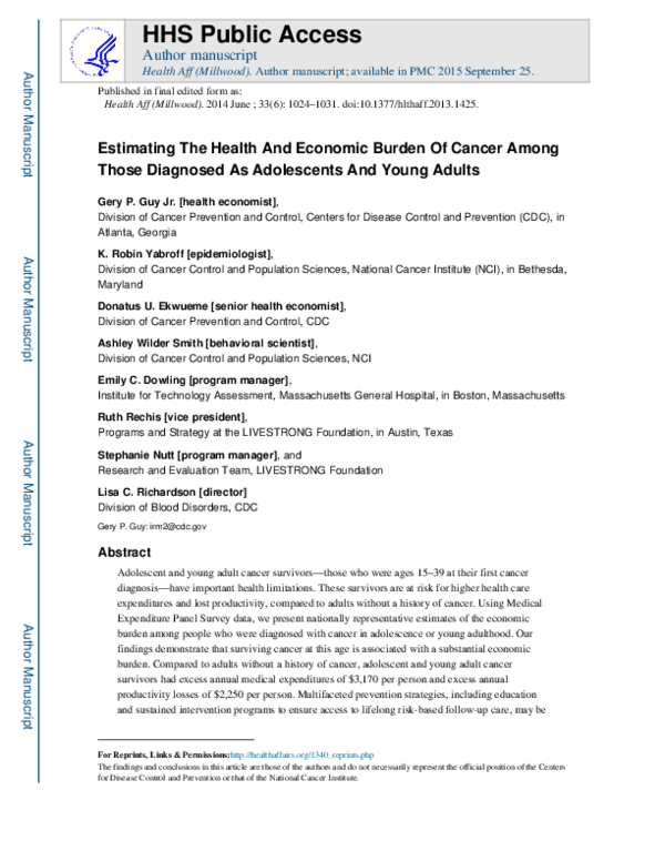 (PDF) Estimating the health and economic burden of cancer among those ...