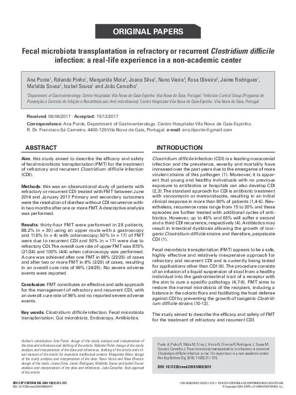 (PDF) Fecal microbiota transplantation in refractory or recurrent ...