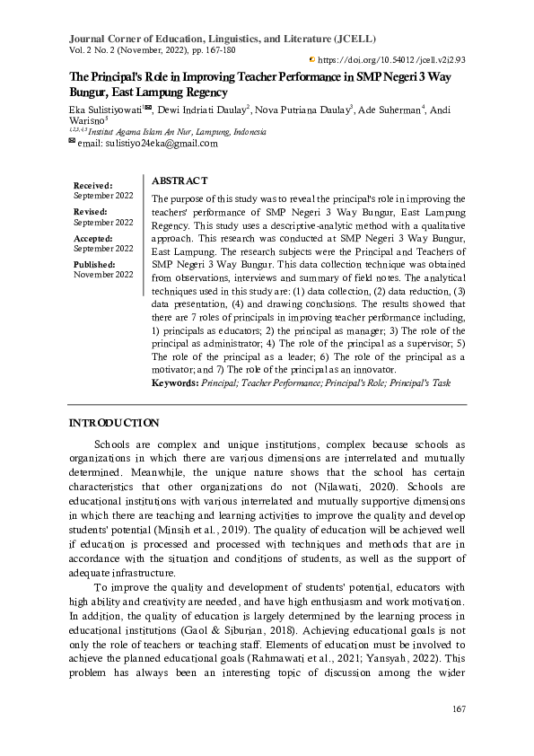 (PDF) Principal's Role in Improving Teacher Performance in SMP Negeri 3 ...