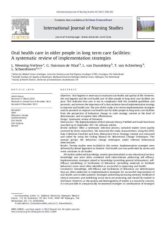 (PDF) Oral health care in older people in long term care facilities A