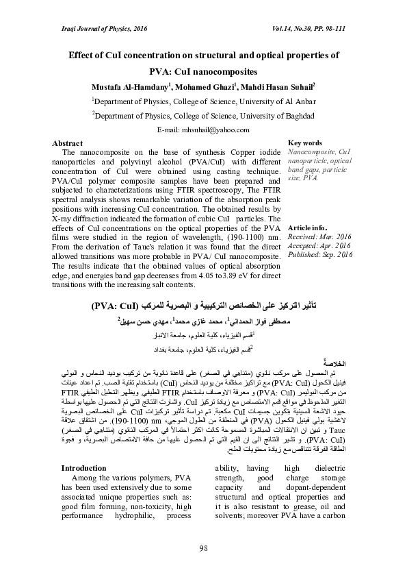 (PDF) Effect of CuI concentration on structural and optical properties ...