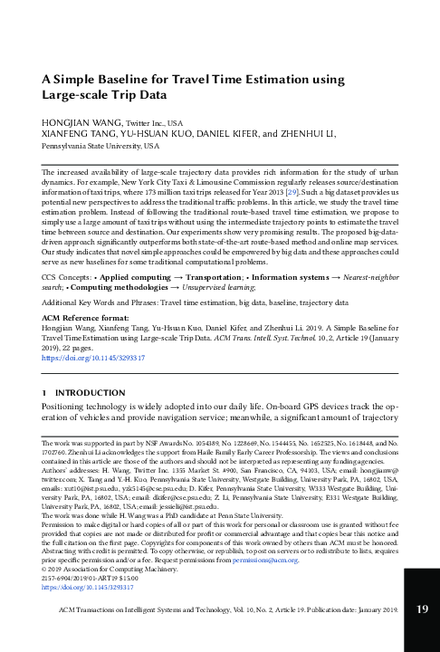 (PDF) A Simple Baseline for Travel Time Estimation using Large-scale ...