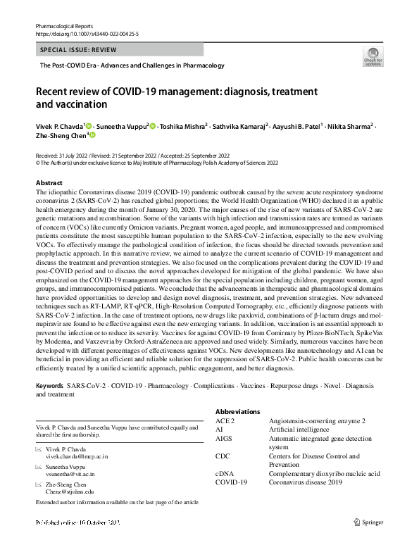 (PDF) Recent review of COVID-19 management: diagnosis, treatment and ...