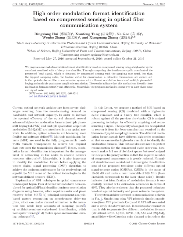 (PDF) High order modulation format identification based on compressed ...