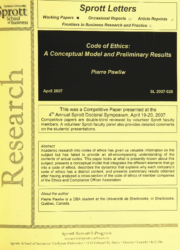 (PDF) Code of Ethics: A Conceptual Model and Preliminary Results