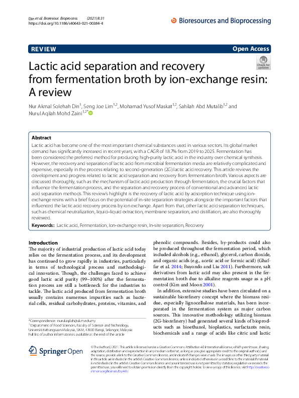 (PDF) Lactic acid separation and recovery from fermentation broth by ...
