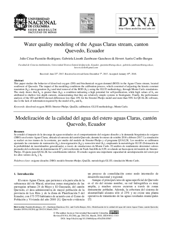 Water quality modeling of the Aguas Clarasstream, canton Quevedo, Ecuador