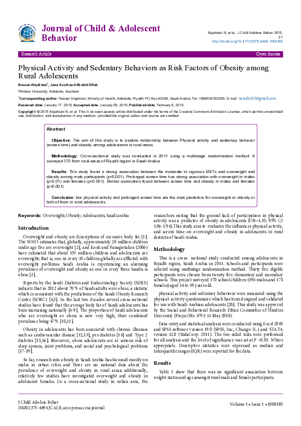 (PDF) Physical Activity and Sedentary Behaviors as Risk Factors of ...