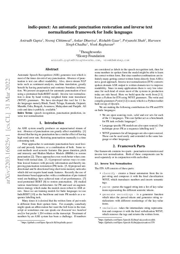 (PDF) Punctuation Restoration for 11 Indic Languages