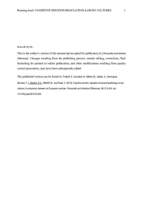 (PDF) Cognitive emotion regulation and psychopathology across cultures ...