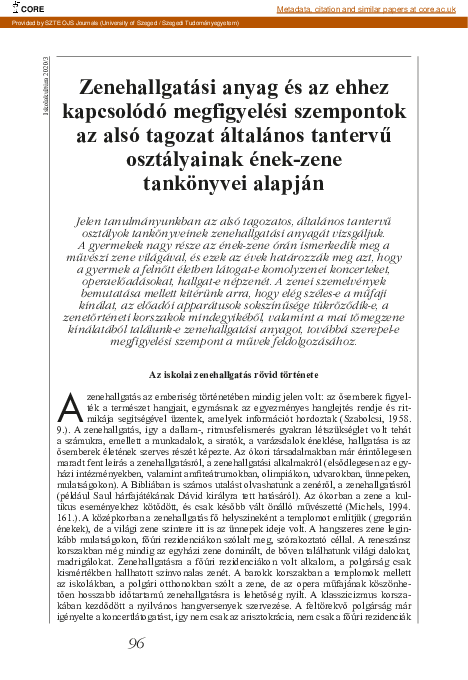 Zenehallgatási anyag és az ehhez kapcsolódó megfigyelési szempontok az alsó tagozat általános tantervű osztályainak ének-zene tankönyvei alapján