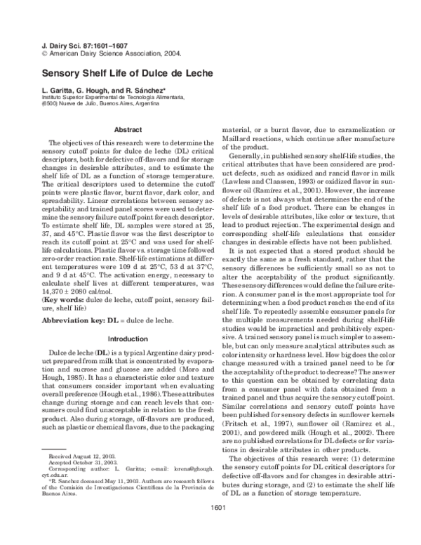 (PDF) Sensory Shelf Life of Dulce de Leche lorena garitta Academia.edu