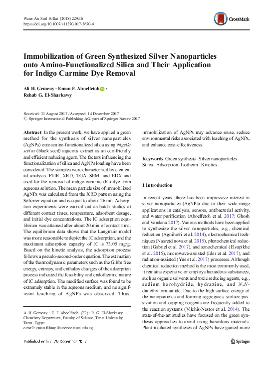 (PDF) Immobilization of Green Synthesized Silver Nanoparticles onto ...