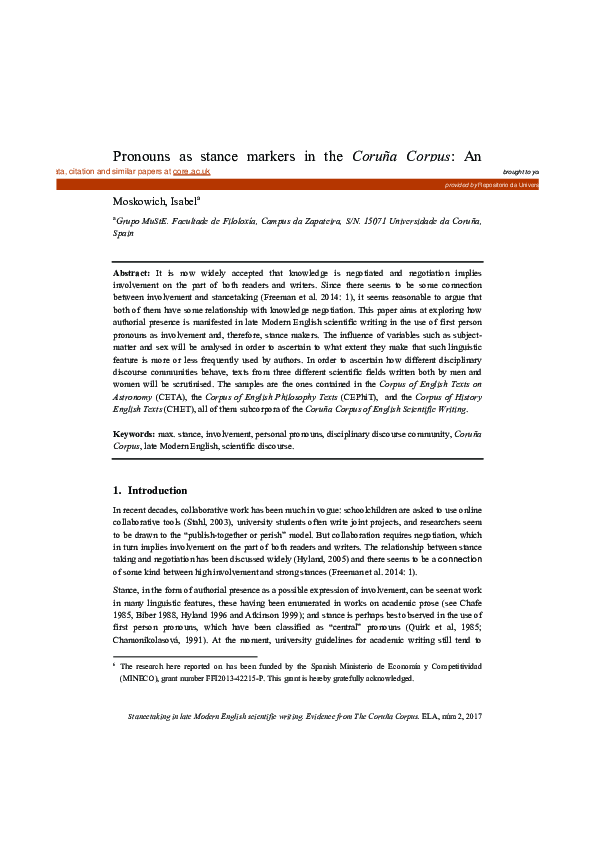 (PDF) Pronouns as stance markers in the Coruña Corpus: an analysis of ...