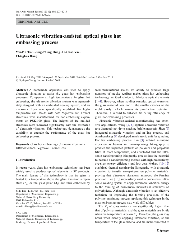 (PDF) Ultrasonic vibration-assisted optical glass hot embossing process
