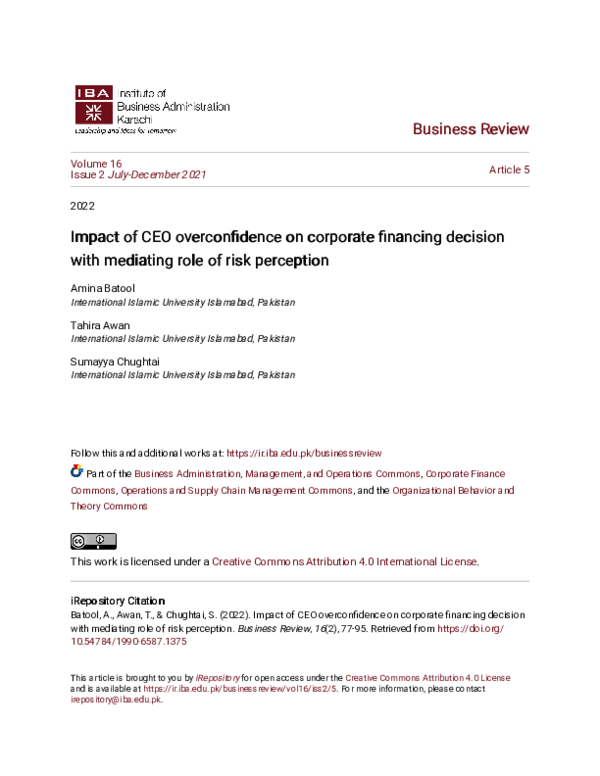 (PDF) Impact of CEO Overconfidence on Corporate Financing Decision with ...
